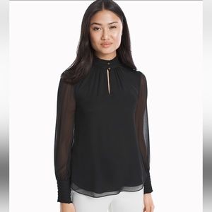 White House Black Market High Neck Blouse with V-neck and Sheer Sleeves
